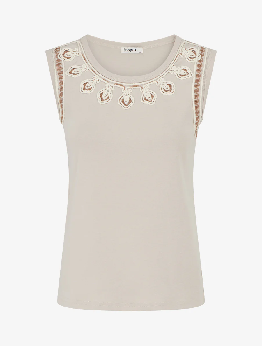 Mouwloos effen T-shirt met gestileerde kraag - Beige