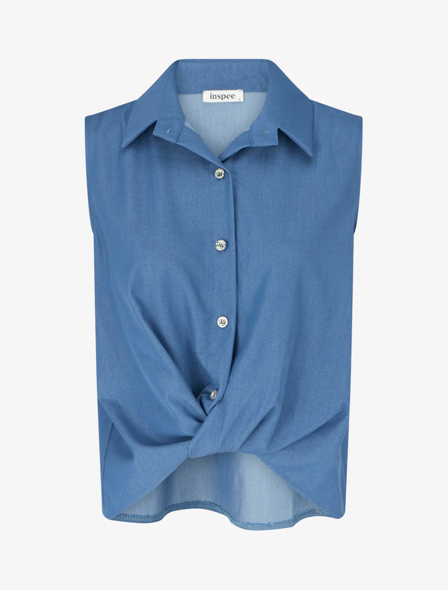 Mouwloos shirt met gedraaid effect - Blauwe denim