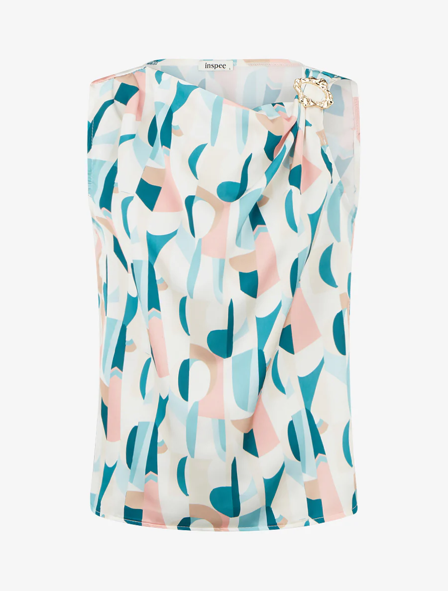 Mouwloos top met grafische print en sierlijke bandjes. - Eendenblauw