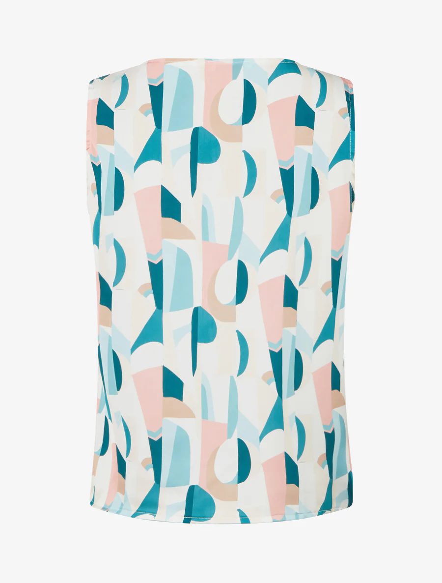 Mouwloos top met grafische print en sierlijke bandjes. - Eendenblauw - Image 2