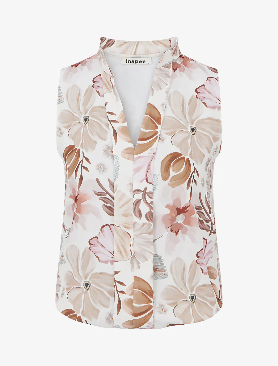 Mouwloos topje met bloemenprint - Bruin