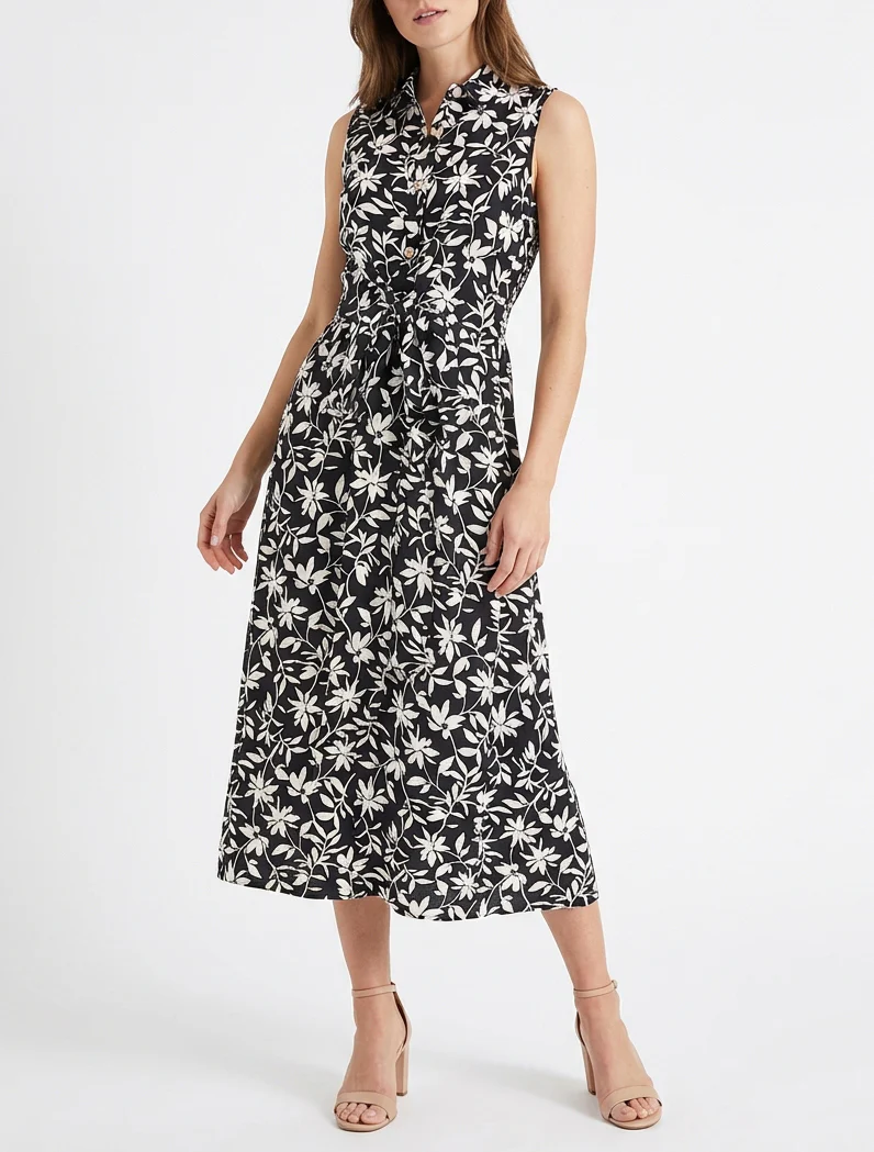 Mouwloze bloemenjurk met strik - Zwart - Image 4