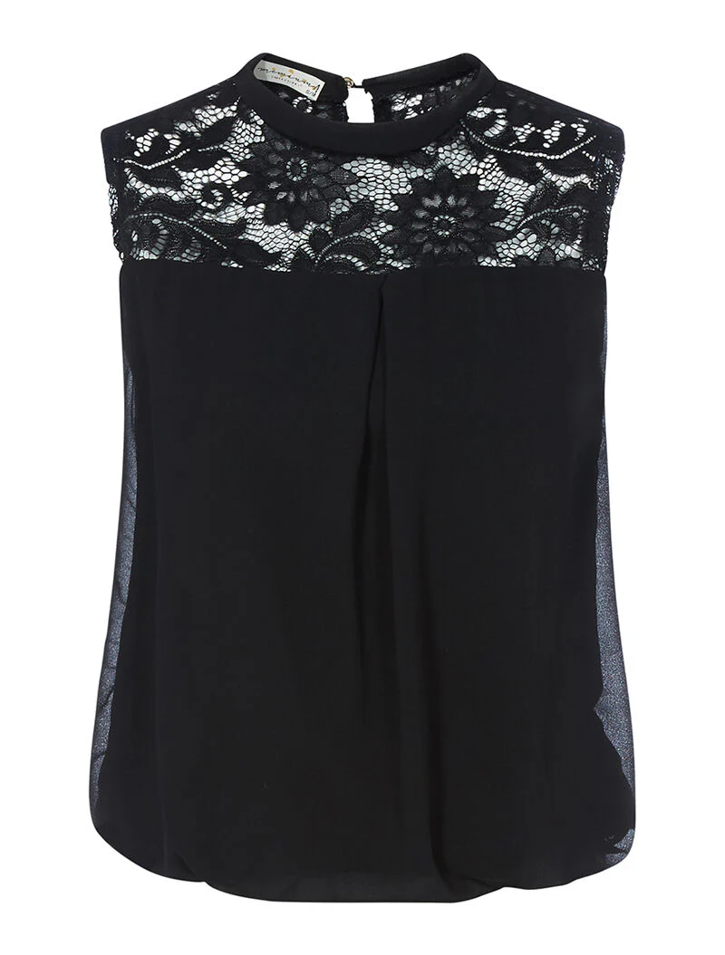 Mouwloze blouse van twee materialen - zwart