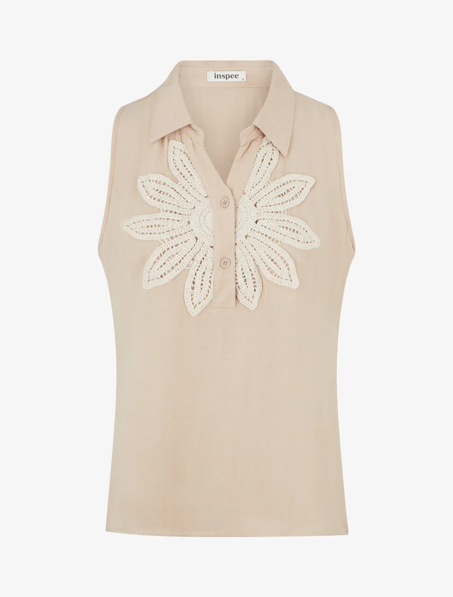 Mouwloze blouse met bloemenborduursel - Beige