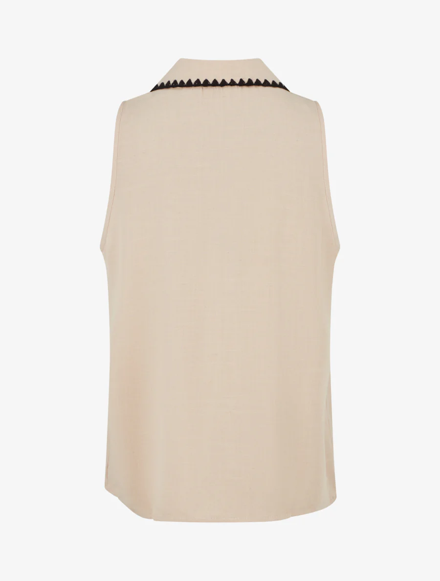 Mouwloze blouse met geborduurde kraag - Beige - Image 2