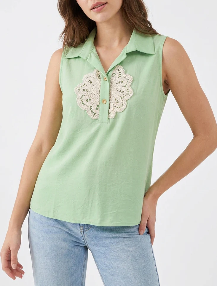 Mouwloze blouse met haakinzetstuk - Appelgroen - Image 4