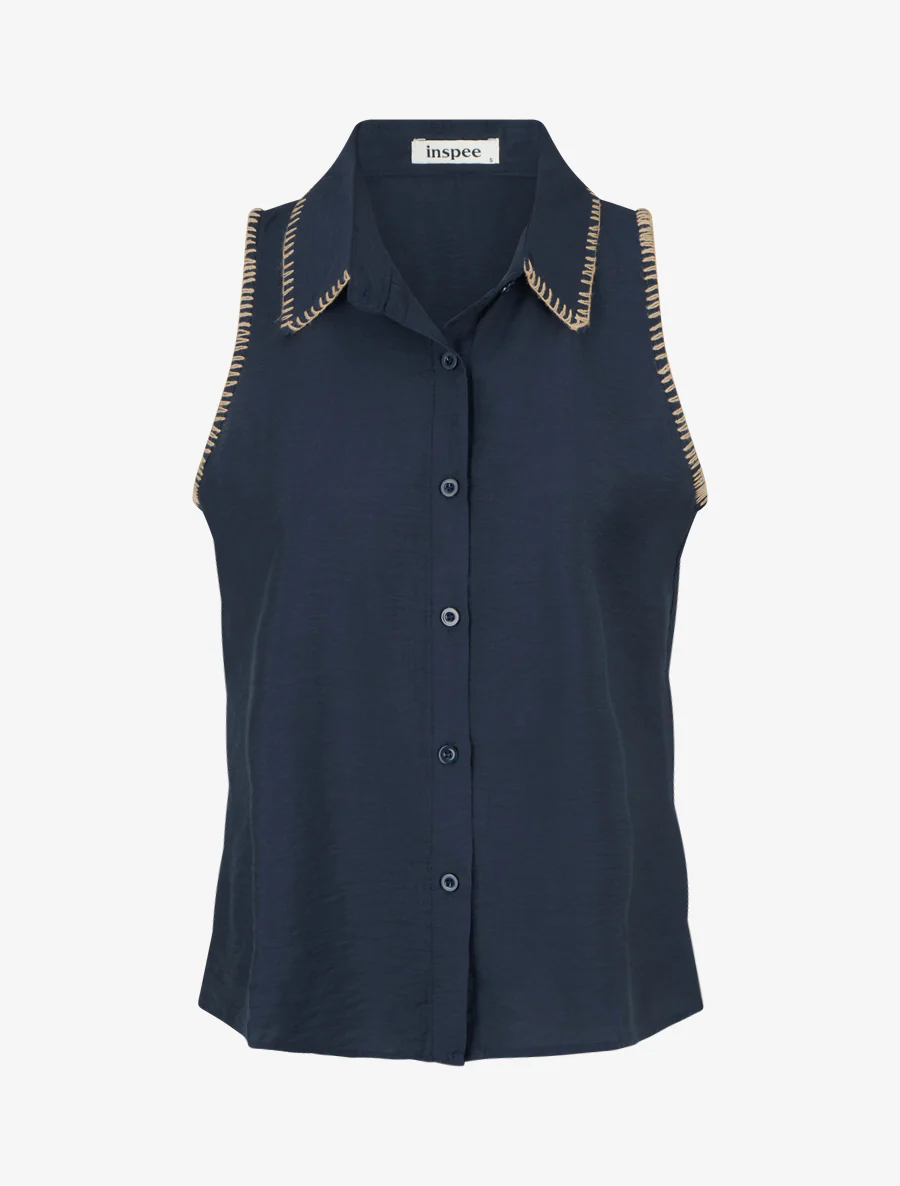 Mouwloze effen blouse met knopen - Marine