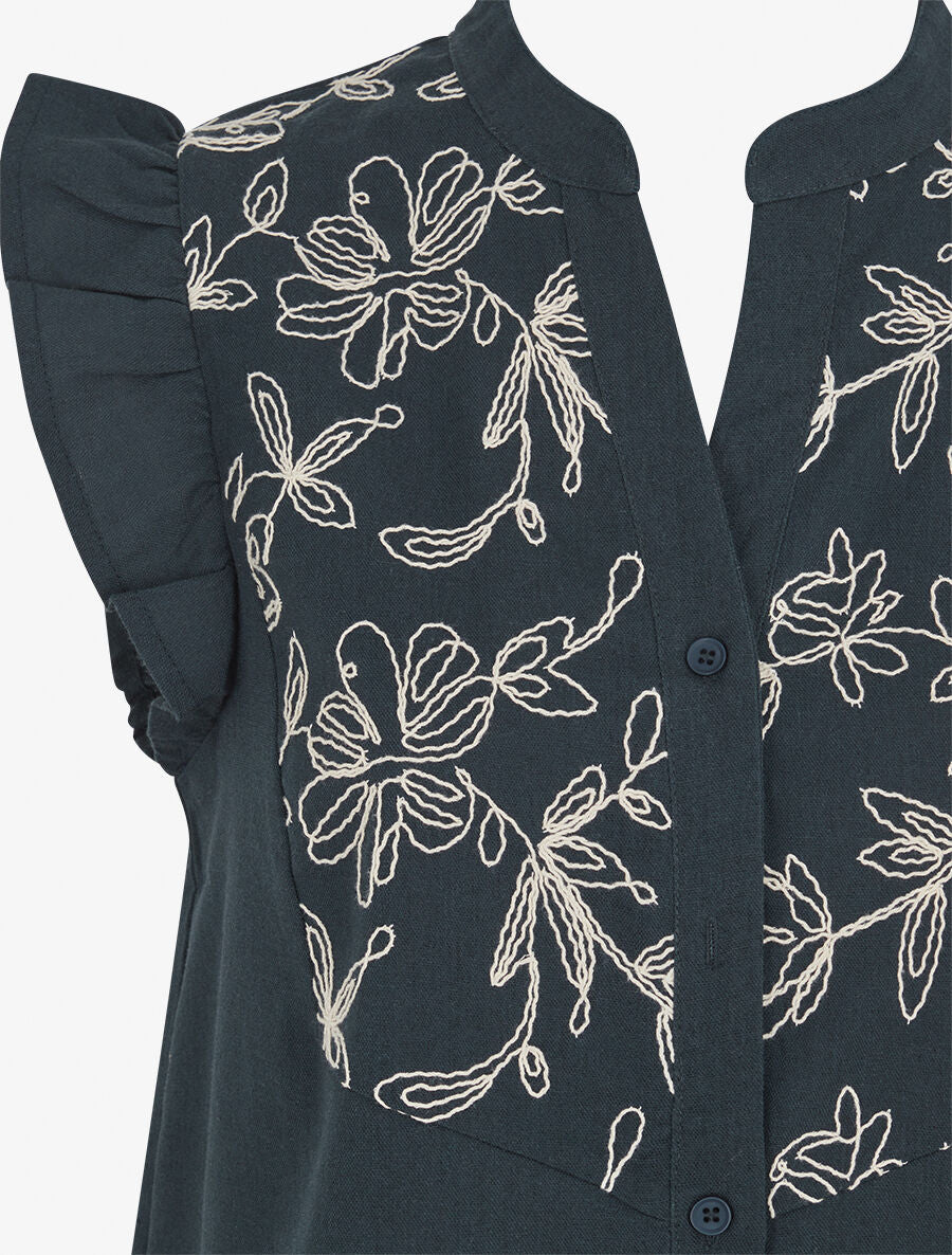 Mouwloze geborduurde blouse met schouders met ruches - Olie blauw - Image 3