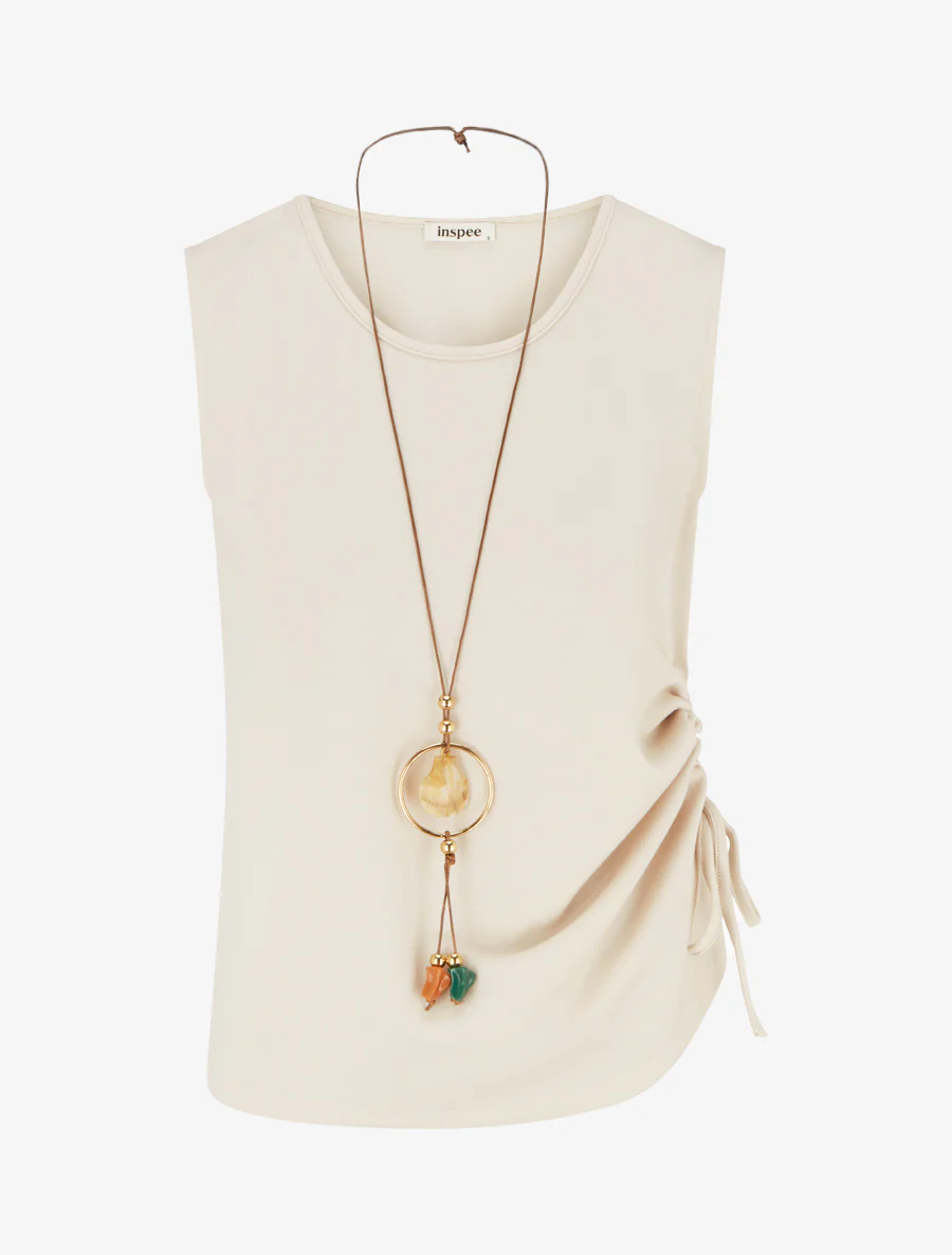Mouwloze gerimpelde top met ronde hals. - Beige