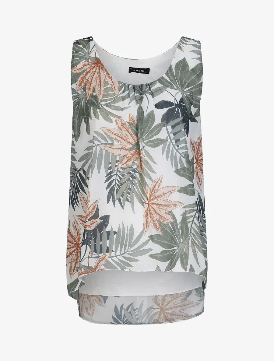 Mouwloze gevallen top met herfstbladeren print - wit