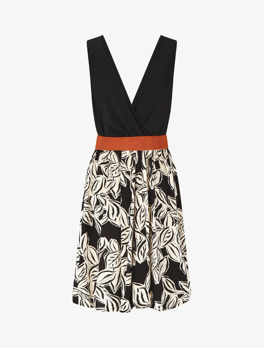 Mouwloze halflange jurk met plantenprint - zwart - Image 2
