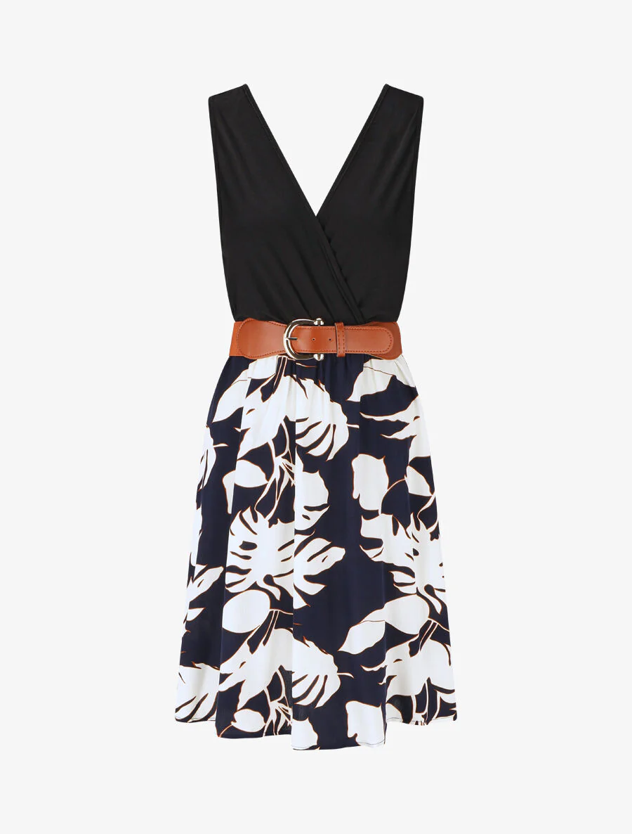 Mouwloze halflange jurk met tropische print - Marineblauw