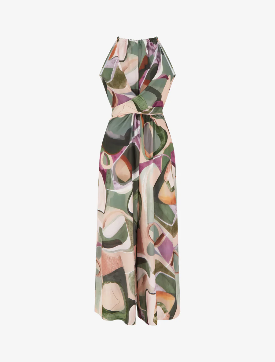 Mouwloze jumpsuit met abstracte print - Kaki