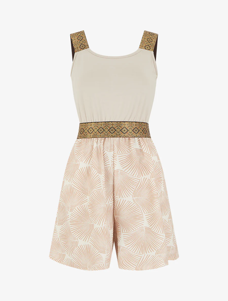 Mouwloze jumpsuit met bladerenprint en fantasiebandjes - Beige