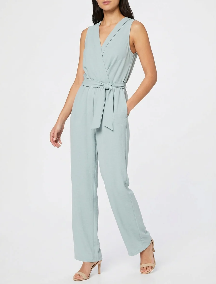 Mouwloze jumpsuit met overslagkraag - Lichtblauw - Image 4