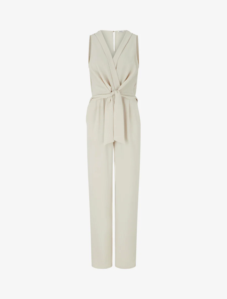 Mouwloze jumpsuit met overslagkraag - Beige