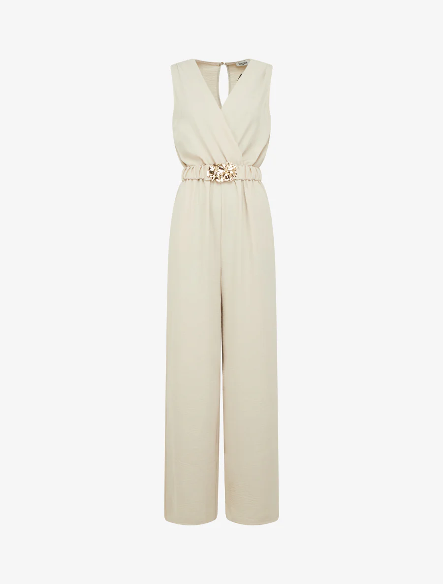 Mouwloze jumpsuit met riem - Beige