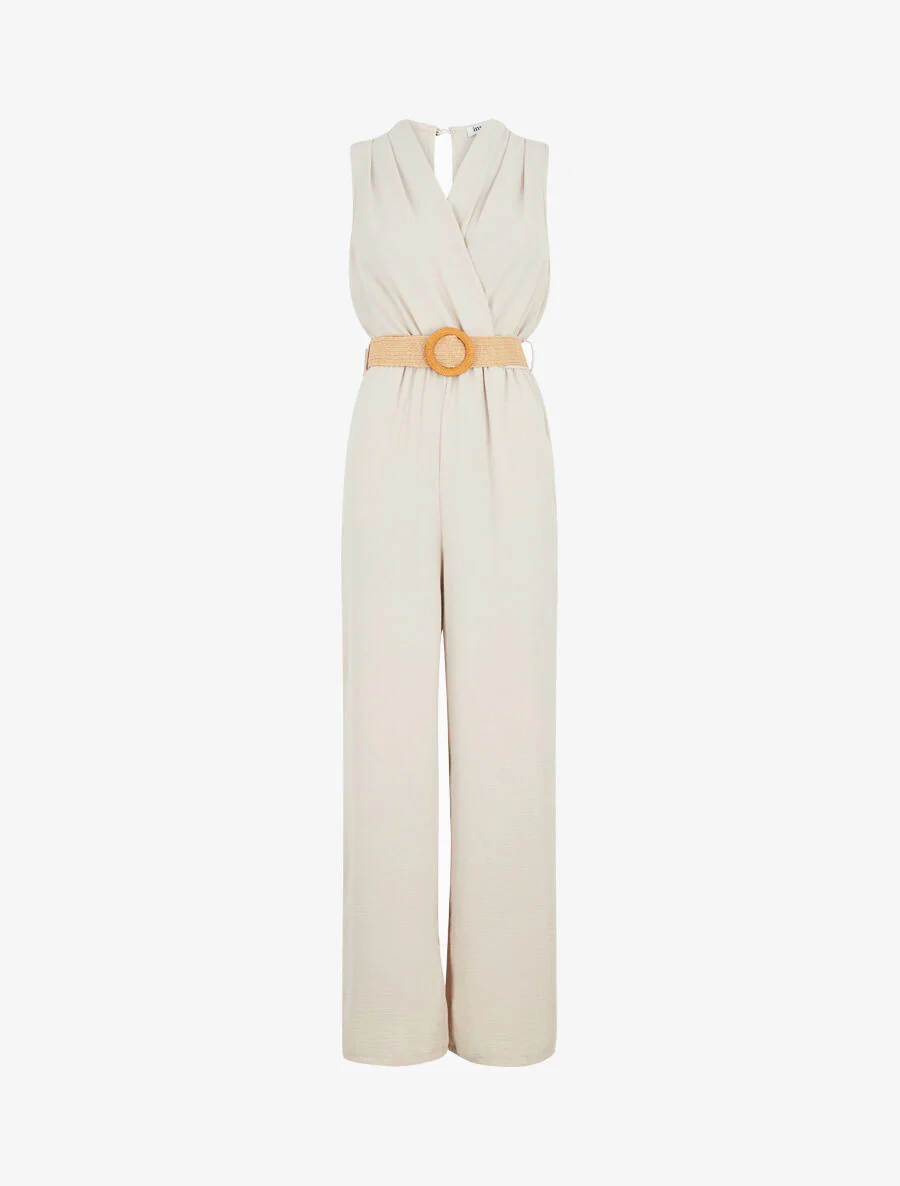 Mouwloze jumpsuit zonder riem en recht model - beige