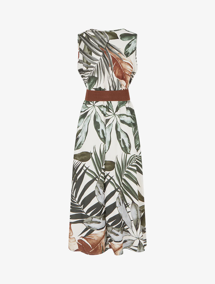 Mouwloze jurk met bladprint - Kaki - Image 2