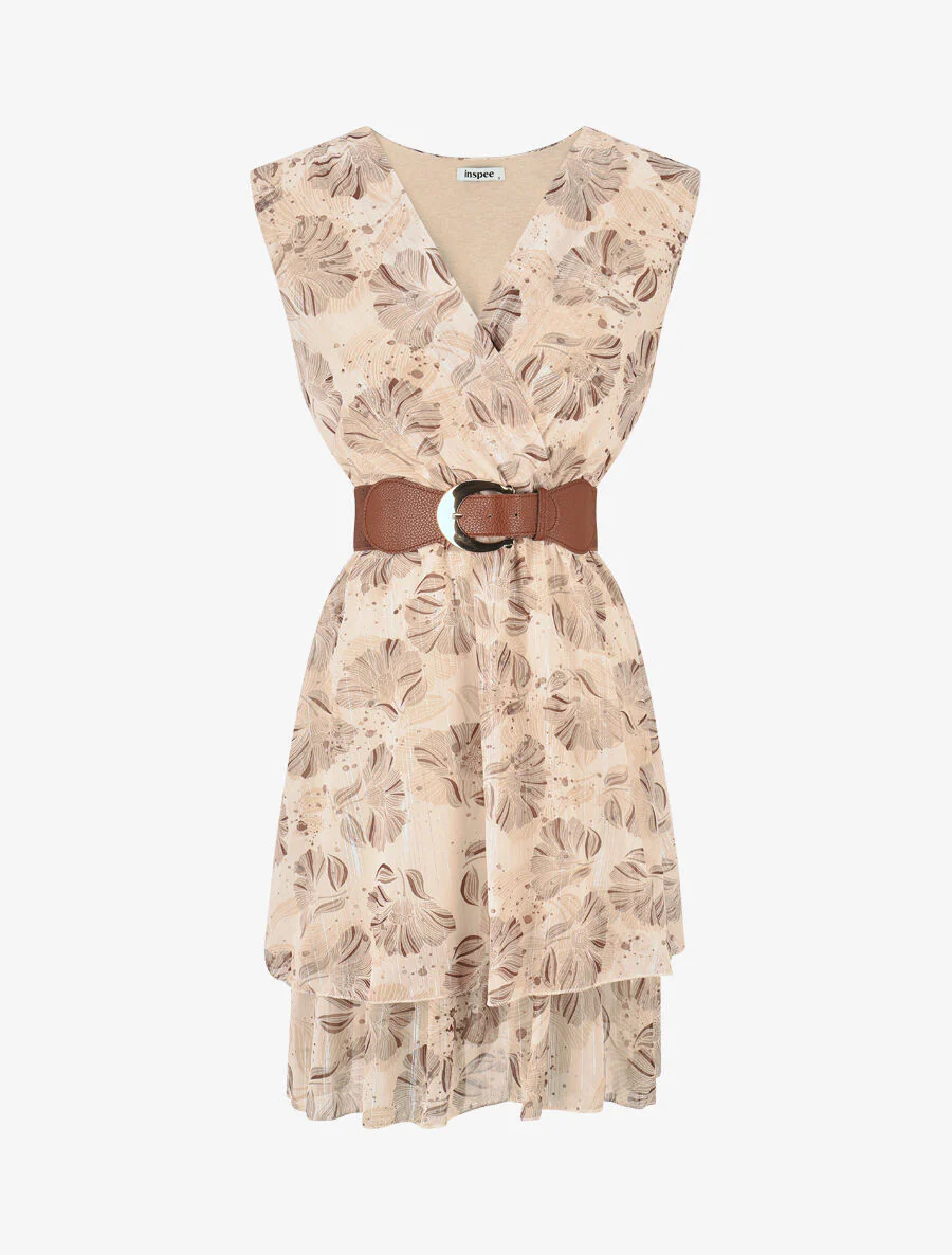 Mouwloze jurk met iriserende bloemenprint - Beige