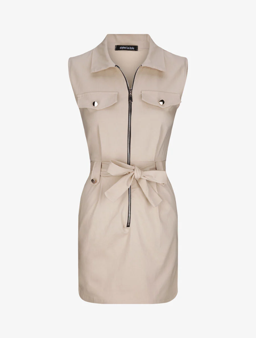 Mouwloze jurk met riem - beige