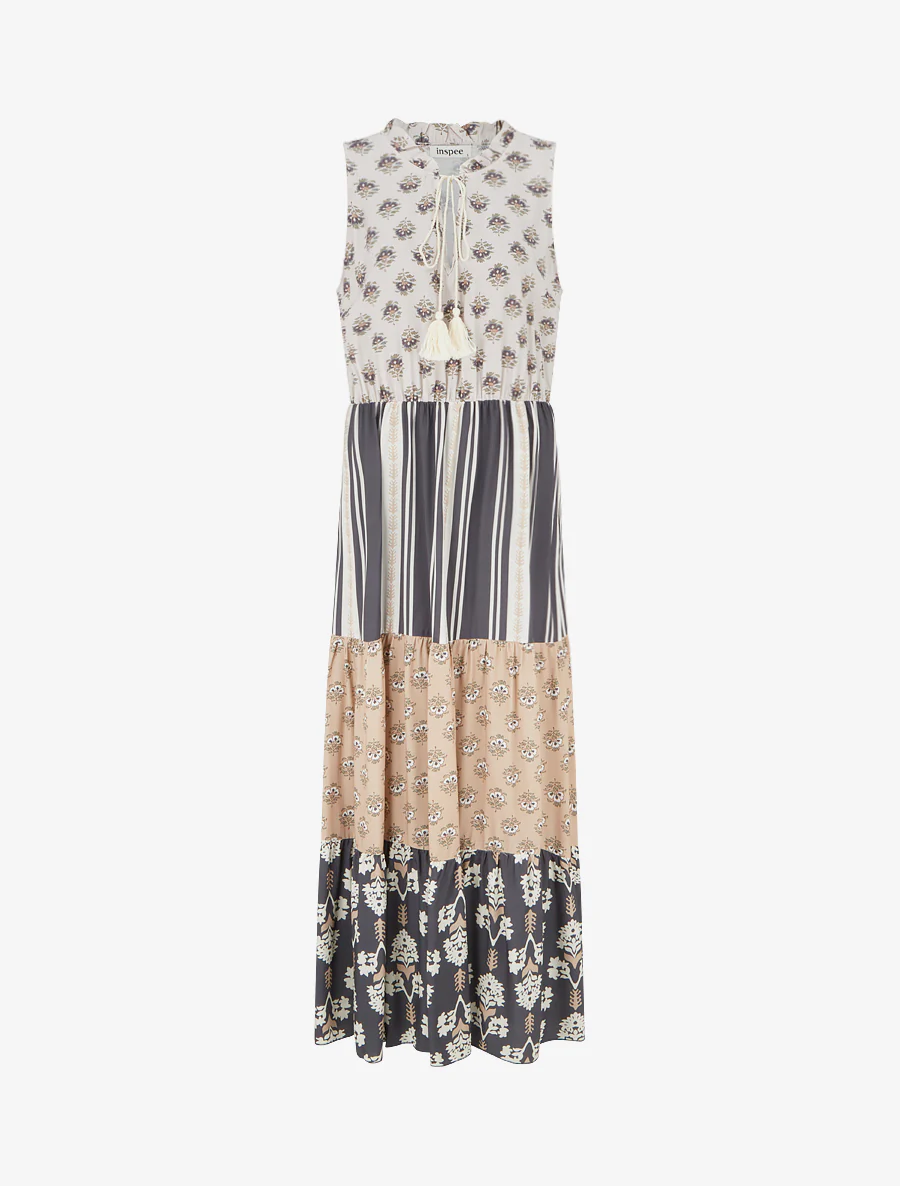 Mouwloze lange jurk met bloemenpatchwork - Zwart