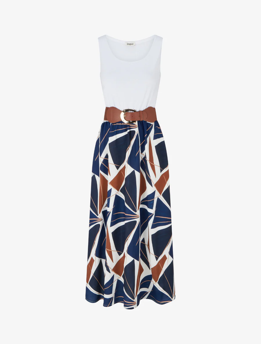 Mouwloze lange jurk met grafische print - Marine