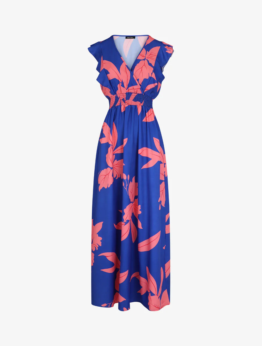 Mouwloze lange jurk met ruches en plantenmotief - blauw