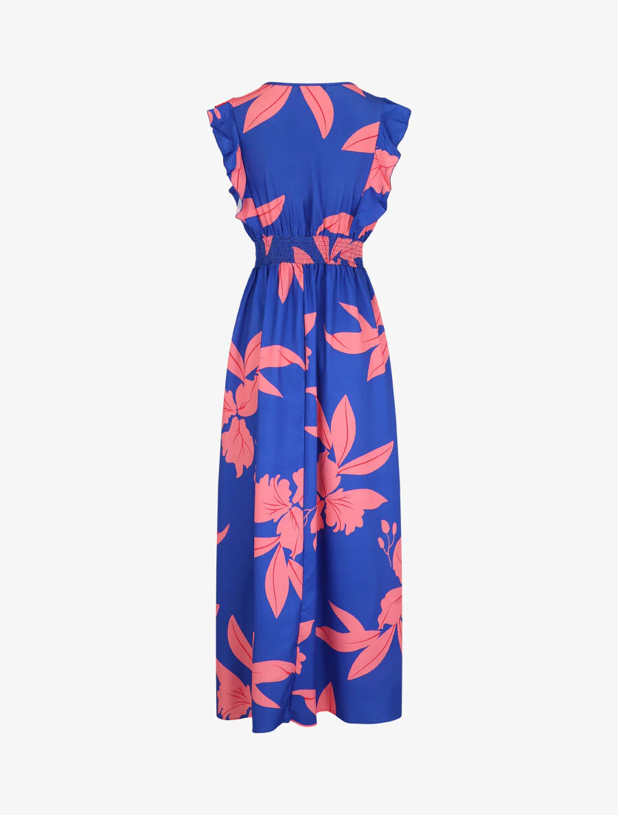 Mouwloze lange jurk met ruches en plantenmotief - blauw - Image 2
