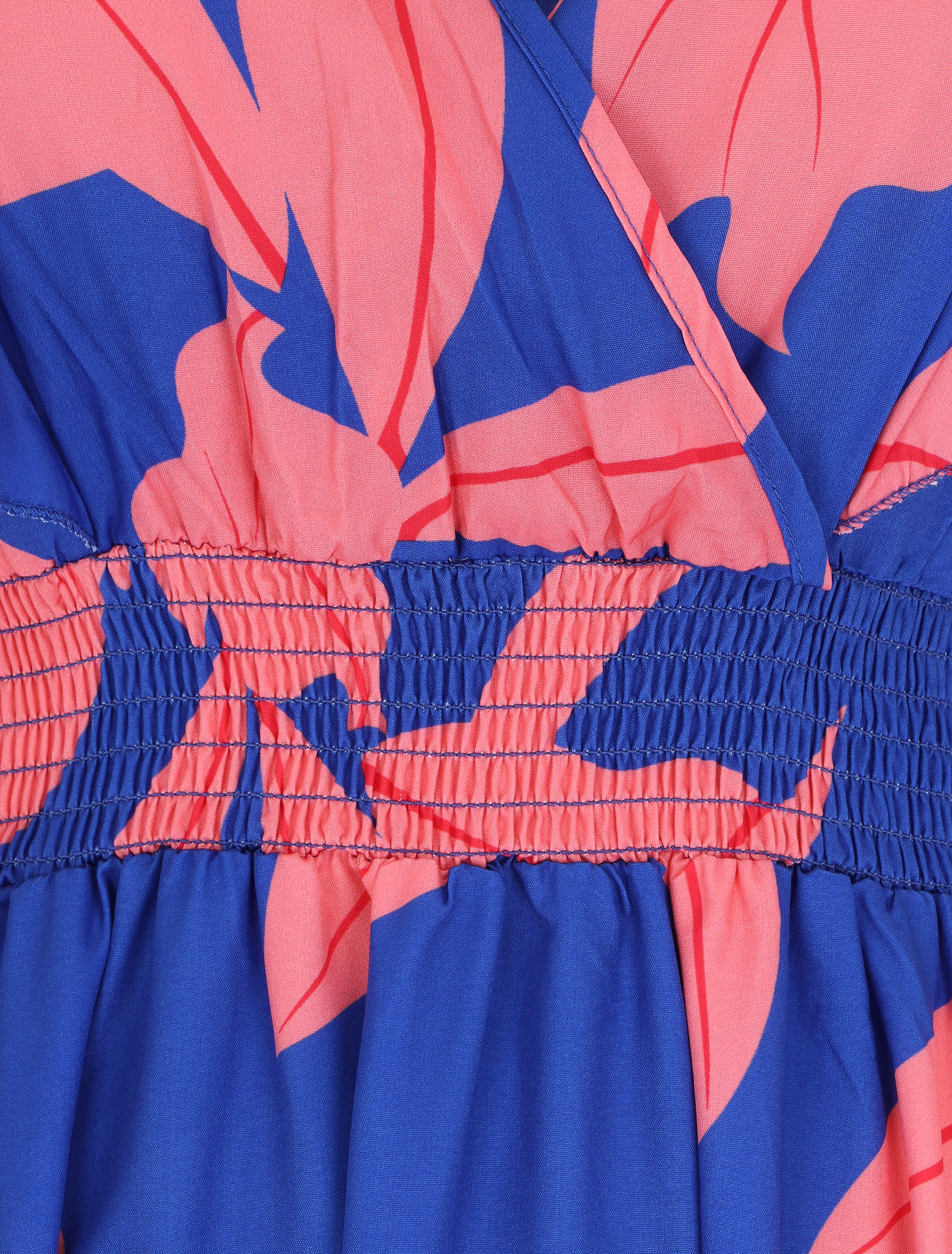Mouwloze lange jurk met ruches en plantenmotief - blauw - Image 3
