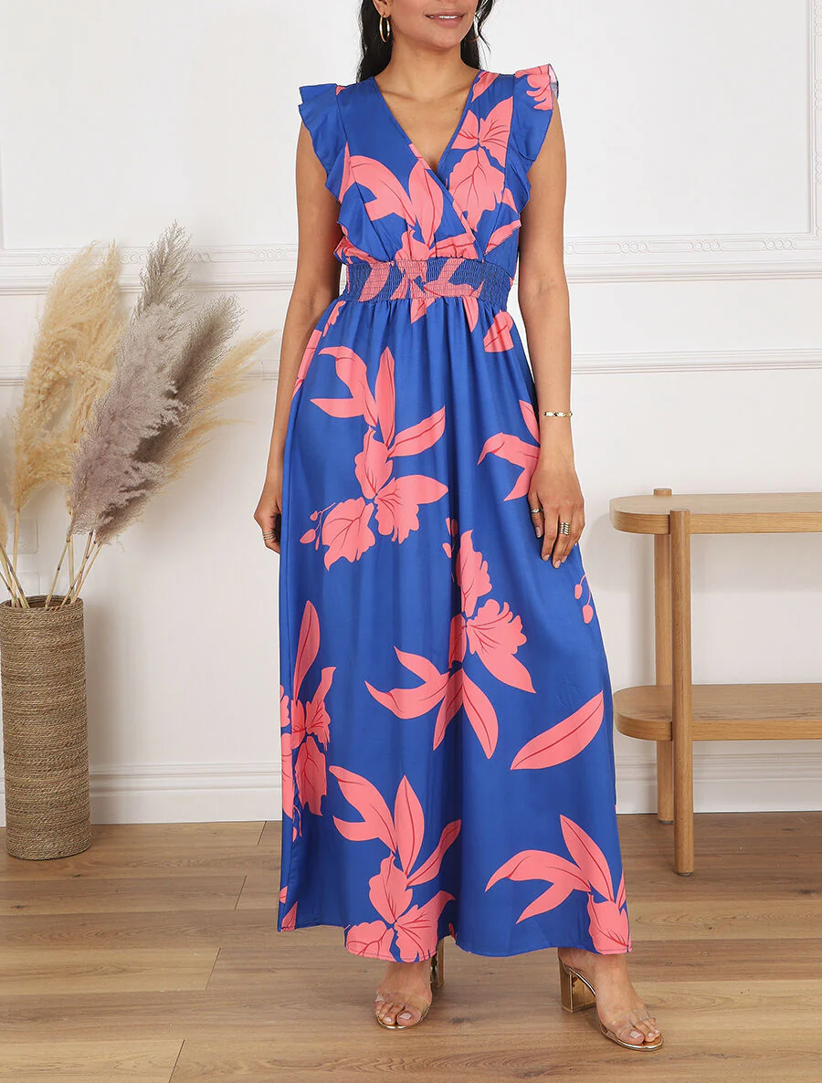 Mouwloze lange jurk met ruches en plantenmotief - blauw - Image 4