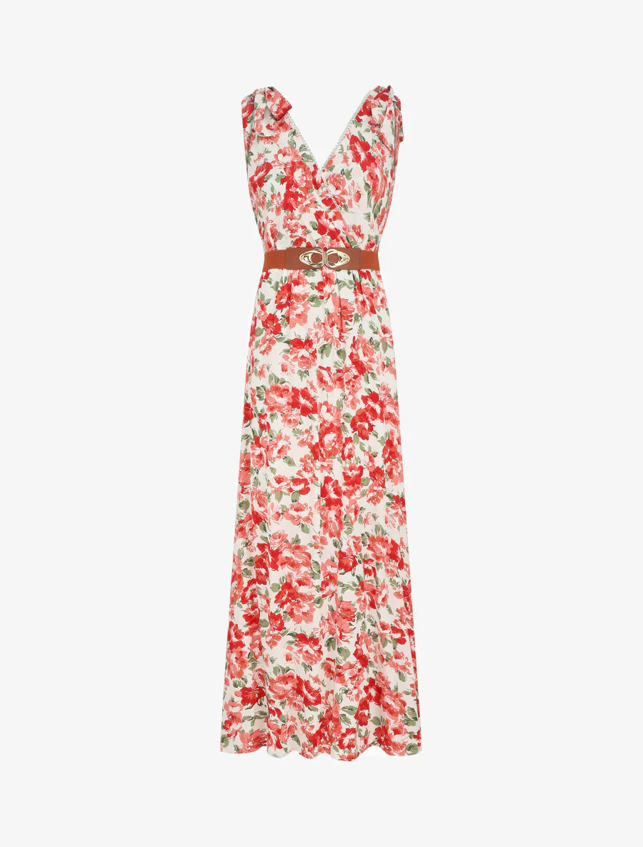 Mouwloze lange jurk met wilde rozenprint - Rood
