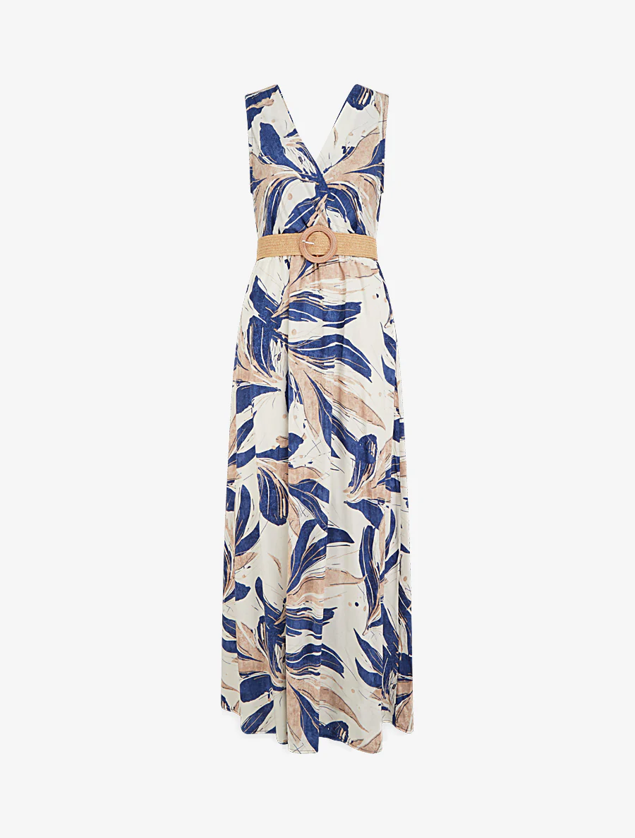 Mouwloze lange uitlopende jurk met fantasieprint - Blauw