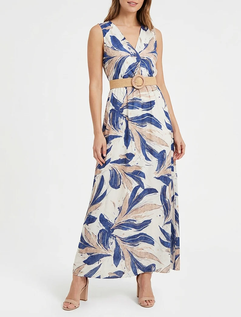 Mouwloze lange uitlopende jurk met fantasieprint - Blauw - Image 4
