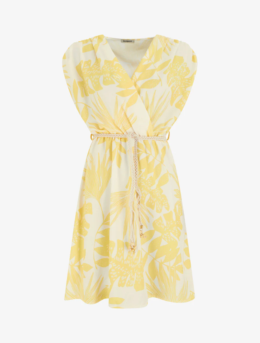Mouwloze midi-jurk met tropische print - Geel