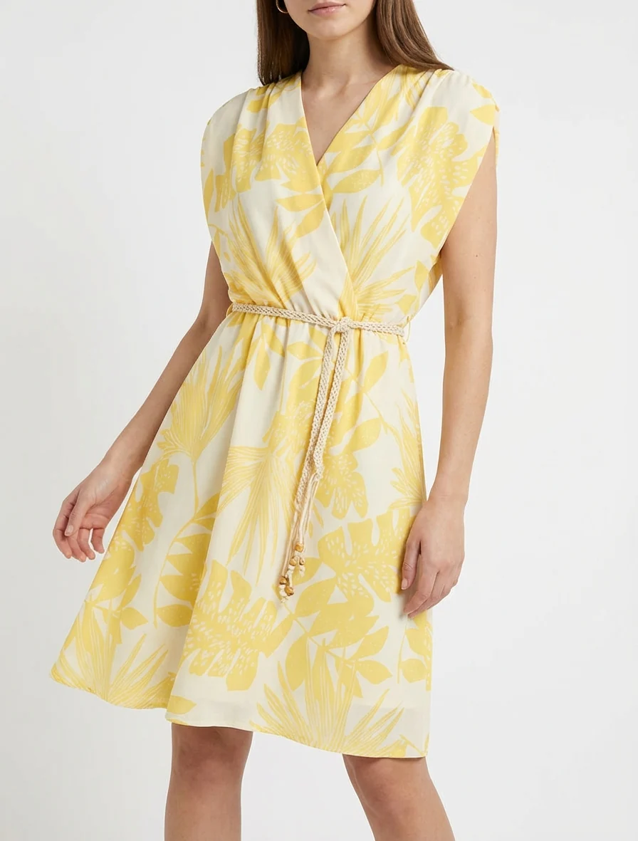 Mouwloze midi-jurk met tropische print - Geel - Image 4