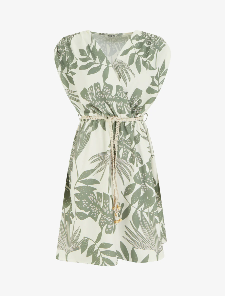 Mouwloze midi-jurk met tropische print - Kaki