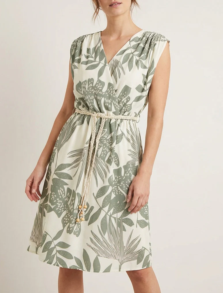 Mouwloze midi-jurk met tropische print - Kaki - Image 4