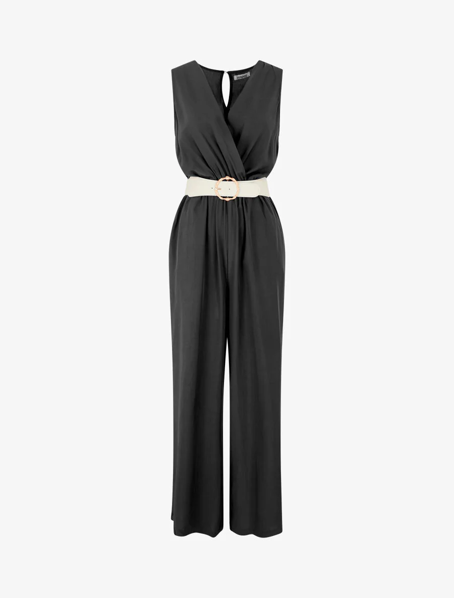 Mouwloze. soepele jumpsuit - zwart