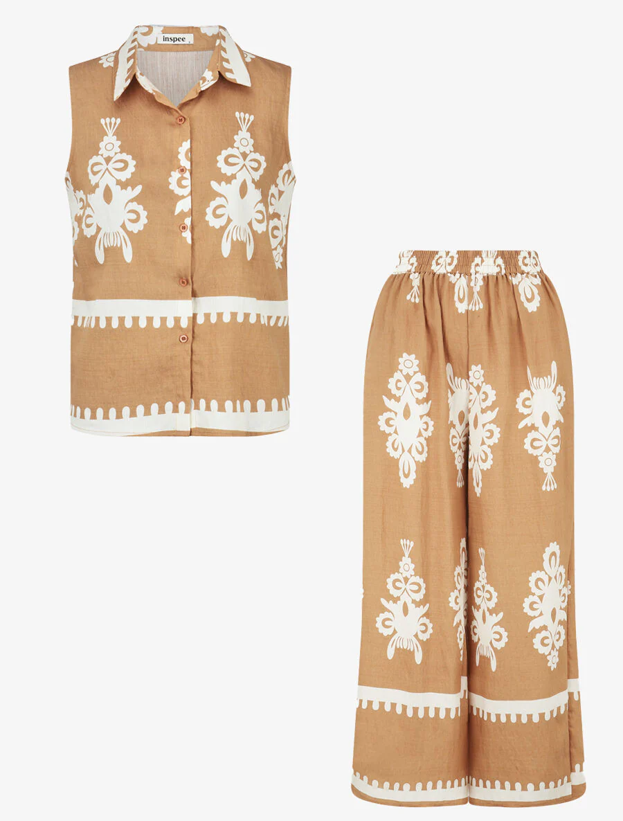 Mouwloze top en broek met ikatprint - Camel