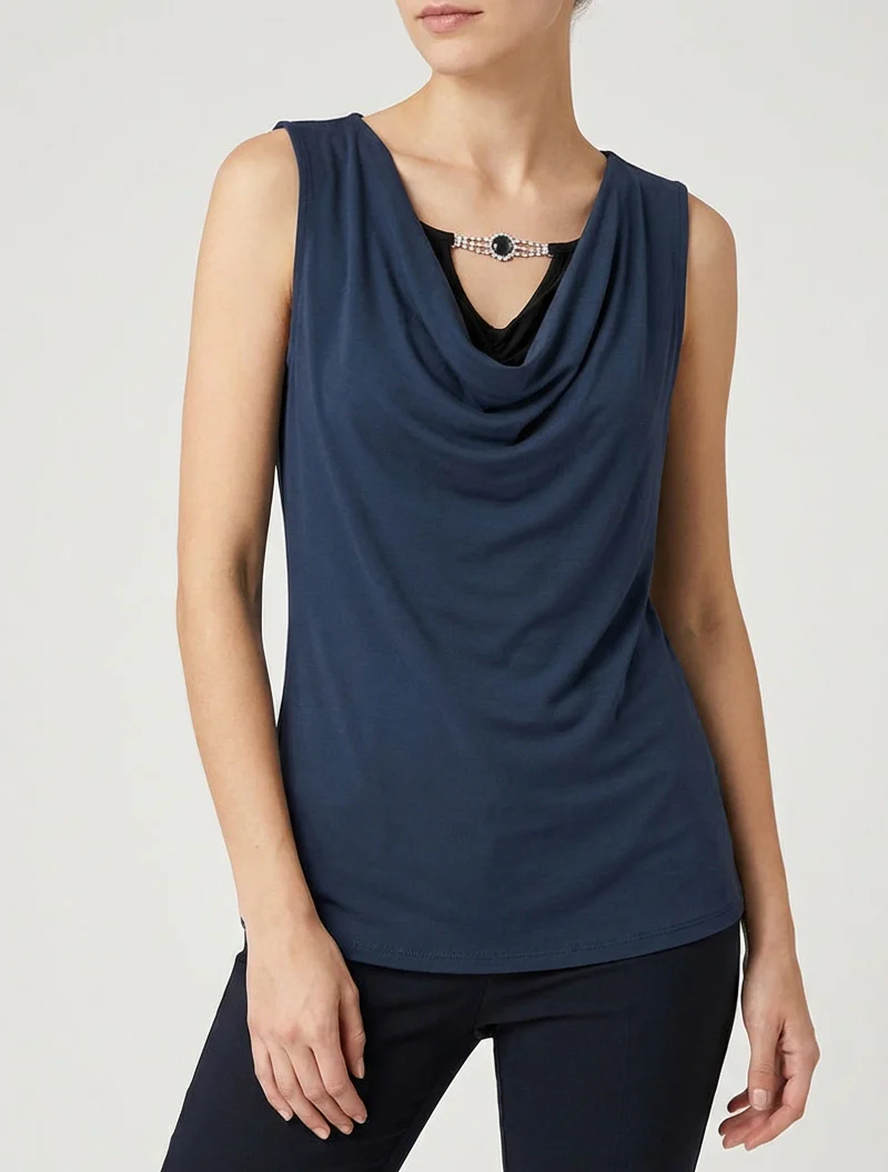 Mouwloze top met gelaagd effect en juweel - Marine - Image 4