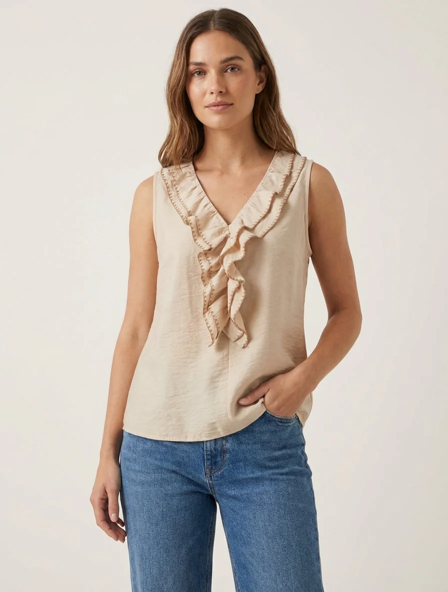 Mouwloze top met volantkraag en V-hals - Beige - Image 4