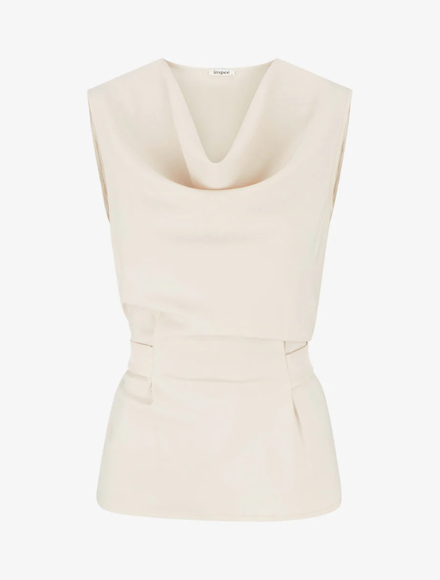 Mouwloze top met watervalhalslijn. - Beige