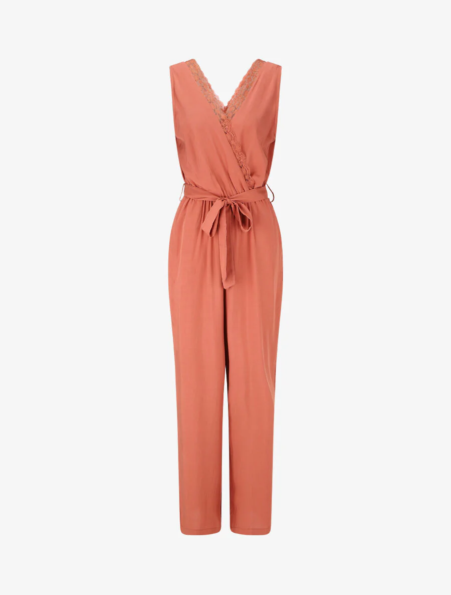 Mouwloze wijde jumpsuit met overslag - Oudroze