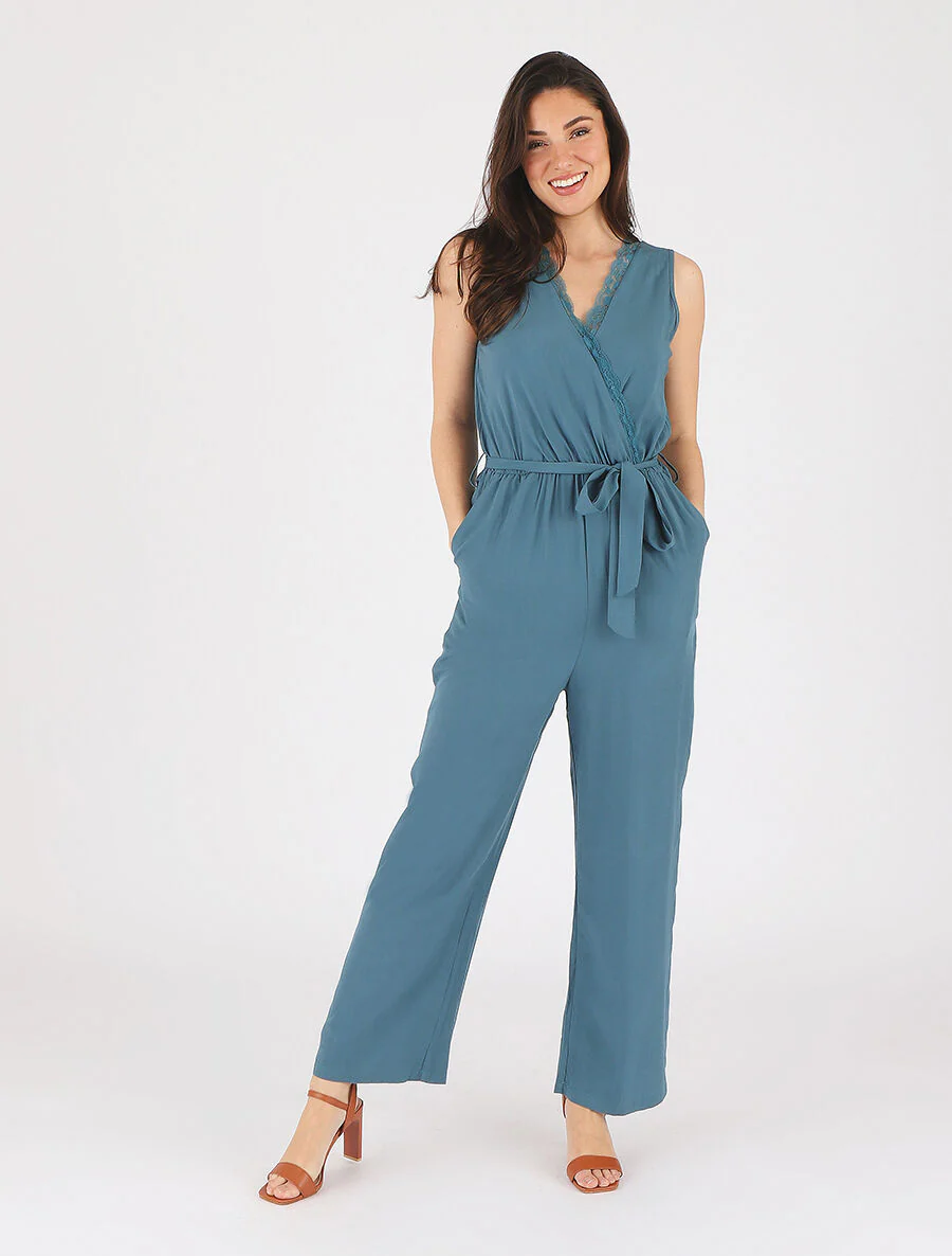 Mouwloze wijde jumpsuit met overslag - Blauwgroen - Image 4