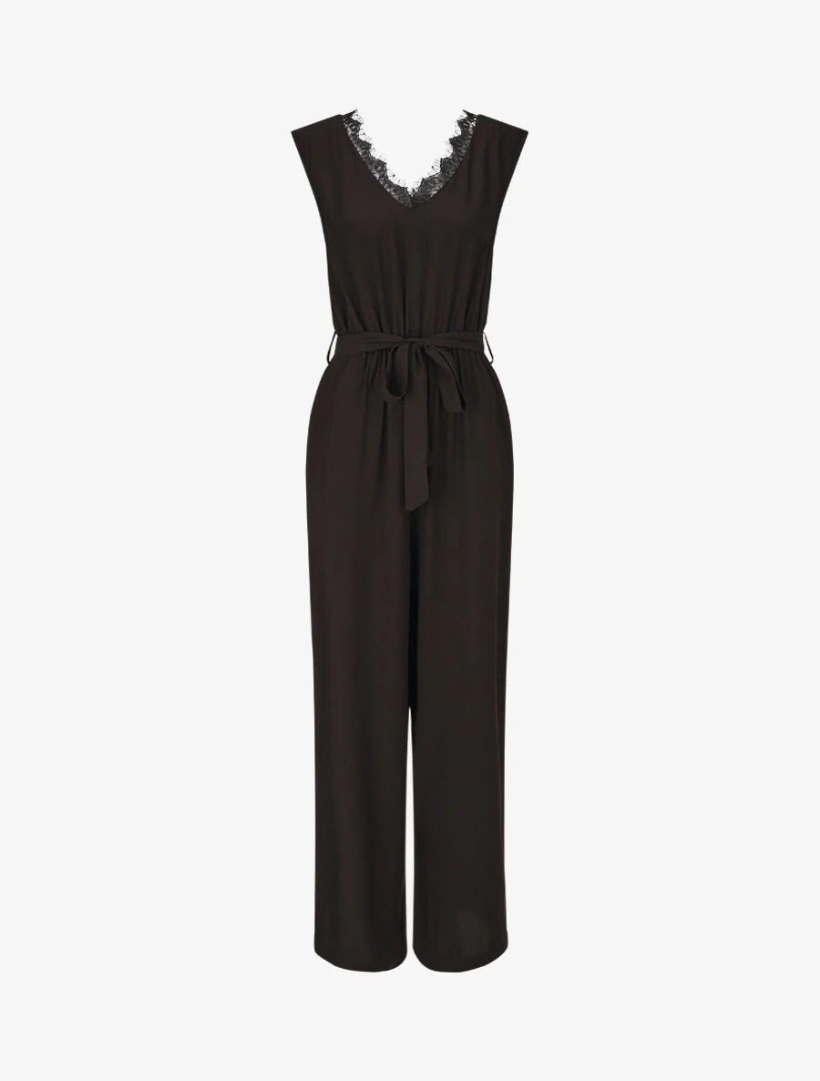 Mouwloze wijde jumpsuit met V-hals - zwart