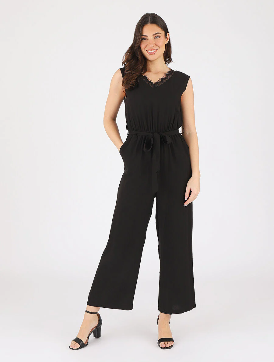 Mouwloze wijde jumpsuit met V-hals - zwart - Image 4