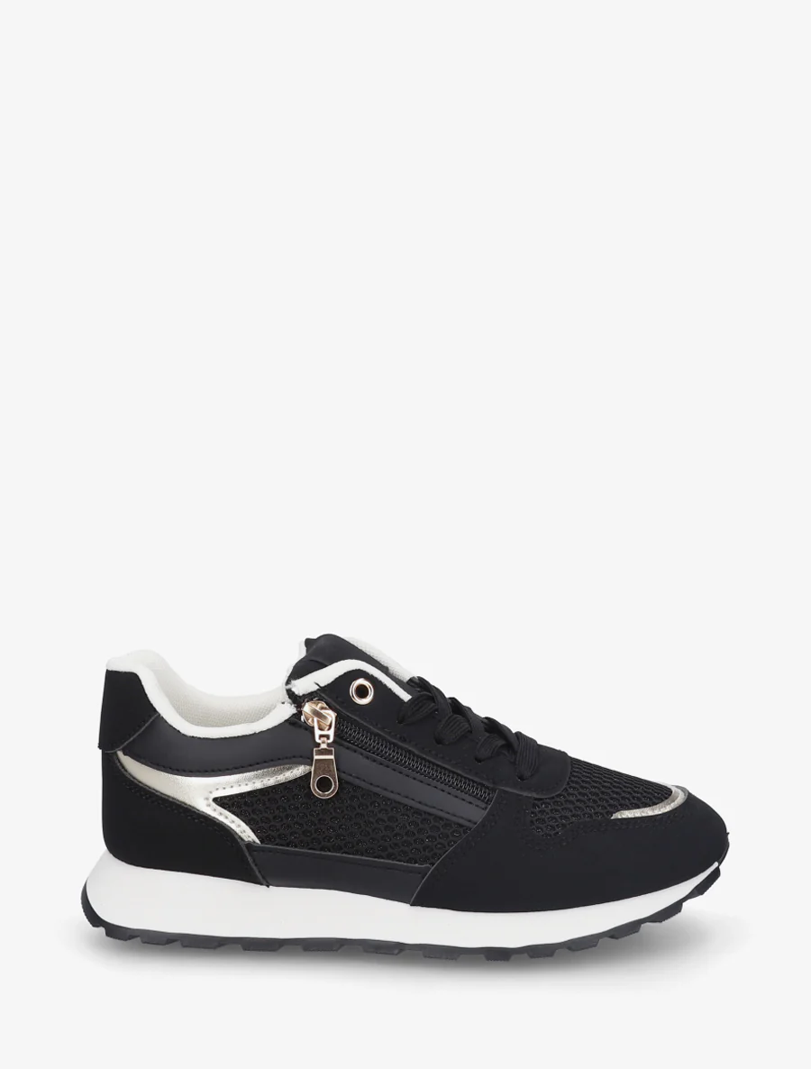 Nep leren sneakers en iriserende stof met ritssluiting - Zwart