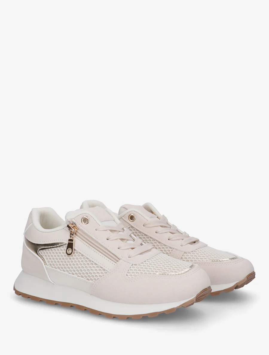 Nep leren sneakers en iriserende stof met ritssluiting - Beige - Image 4