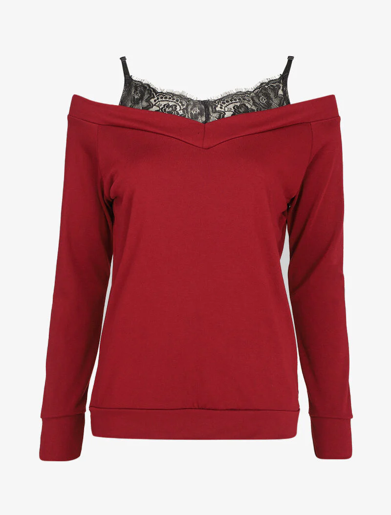 Top met blote schouders en kanten tanktop in trompe l'oeil - Bordeaux